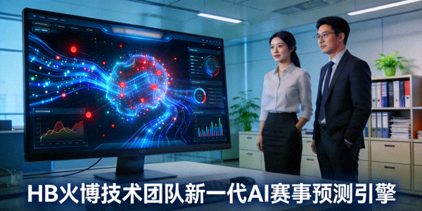 HB火博技术团队发布新一代AI赛事预测引擎新闻图片 - 电脑屏幕显示复杂数据模型